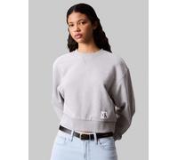 Sweatshirt CALVIN KLEIN JEANS "FRENCH TERRY WOVEN LABEL CREW", Damen, Gr. XL, bc06 grau heather, Sweatware, Obermaterial: 100% Baumwolle, meliert, regular fit kurz, Rundhals, eingesetzt Rippbündchen,