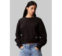 Sweatshirt CALVIN KLEIN JEANS "FRENCH TERRY WOVEN LABEL CREW", Damen, Gr. XS, schwarz, Sweatware, Obermaterial: 100% Baumwolle, unifarben, regular fit kurz, Rundhals, eingesetzt Rippbündchen, Sweatshi