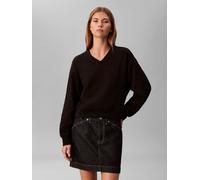 Sweatshirt CALVIN KLEIN JEANS "LS TERRY WOVEN LABEL VNK SWEATSH", Damen, Gr. L (42), schwarz, Sweatware, Obermaterial: 86% Baumwolle, 14% Polyester, unifarben, regular fit normal, V-Ausschnitt, einges