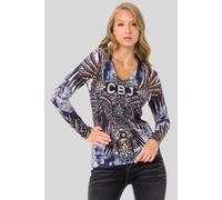 Sweatshirt CIPO & BAXX "LONG SLEEVE T-SHIRT", Damen, Gr. L, navyblau, Feinstrick, 50% Polyester, 45% Baumwolle, 5% Elasthan, bedruckt, Basic, regular fit normal, V-Ausschnitt, Sweatshirts Sweatshirt, 