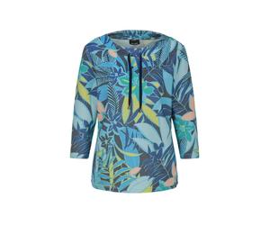 Sweatshirt GOLDNER "Druckpullover mit Dschungel-Design", Damen, Gr. 40, blau (blau, grün, gemustert), Obermaterial: 50% Baumwolle CO. 47% Polyester PES. 3% Elasthan EL., gerade, Sweatshirts Sweatshirt