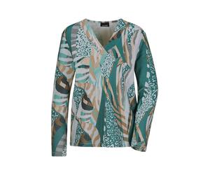 Sweatshirt GOLDNER "Kurzgröße Langarm Printshirt mit V-Ausschnitt", Damen, Gr. 19, grün (graugrün, gemustert), Obermaterial: 50% Baumwolle CO. 47% Polyester PES. 3% Elasthan EL., V-Ausschnitt, Sweatsh