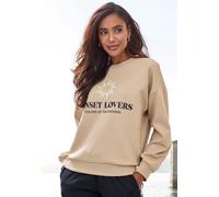 Sweatshirt H.I.S, Damen, Gr. 40/42, camelfarben, Sweatware, Obermaterial: 60% Baumwolle, 40% Polyester, unifarben, bequem hüftlang, Rundhals, Rippbündchen, Sweatshirts Sweatshirt, mit großem Front-Pri