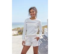 Sweatshirt H.I.S, Damen, Gr. 44/46, beige (ecru), Interlock, Obermaterial: 60% Baumwolle, 40% Polyester, bedruckt, unifarben, Basic, bequem hüftlang, Rundhals, Rippbündchen, Sweatshirts Sweatshirt, Ba