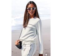 Sweatshirt H.I.S, Damen, Gr. 48/50, weiß (ecru), Interlock, Obermaterial: 60% Baumwolle, 40% Polyester, unifarben, Basic, bequem hüftlang, Rundhals, Bündchen, Sweatshirts Sweatshirt, mit Piping auf de