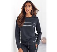 Sweatshirt H.I.S, Damen, Gr. 52/54, blau (marine), Interlock, Obermaterial: 60% Baumwolle, 40% Polyester, unifarben, Basic, bequem hüftlang, Rundhals, Bündchen, Sweatshirts Sweatshirt, mit Piping auf 