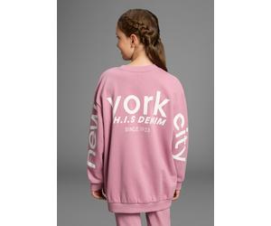 Sweatshirt H.I.S "Loose fit Sweatshirt mit Rückenprint für Mädchen", Mädchen, Gr. 128/134, rosa (altrosa), angeraute Sweatware, Obermaterial: 60% Baumwolle, 40% Polyester, bedruckt, loose fit hüftbede