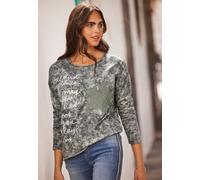 Sweatshirt HEINE, Damen, Gr. 44, grün (khaki, bedruckt), 95% Baumwolle, 5% Elasthan, gemustert, Rundhals, Sweatshirts Sweatshirt (38478142-44) khaki, bedruckt