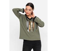 Sweatshirt HEINE, Damen, Gr. 46, grün (khaki), 50% Modal, 44% Polyester, 6% Elasthan, unifarben, V-Ausschnitt, Sweatshirts Sweatshirt (44822712-46) khaki