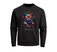 Sweatshirt Herren ohne Kapuze Frontprint DJ Cat Musik Katze Pullover Fashion Neon Retro Streetwear - DJ Cat schwarz M