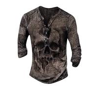 Sweatshirt Herren Retro 3D-Druck Distressed Henley Shirt Pullover Herren V-Ausschnitt Langarmshirts für Herren Vintage Totenkopf-Print Tshirt Outdoor Tactical T-Shirt Tops