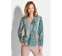 Sweatshirt GOLDNER "Langarm Printshirt mit V-Ausschnitt", Damen, Gr. 42, grün (graugrün, gemustert), Obermaterial: 50% Baumwolle CO. 47% Polyester PES. 3% Elasthan EL., Sweatshirts Sweatshirt, Ottoman