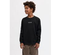 Sweatshirt JACK & JONES JUNIOR "JCOPOINT SWEAT BADGE CREW NECK BF JNR", Jungen, Gr. 128, schwarz print:jnr, angeraute Sweatware, Obermaterial: 72% Baumwolle, 28% Polyester, bedruckt, loose fit normal,