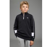 Sweatshirt KANGAROOS "Troyer-Sweatshirt mit kontrastfarbigen Einsatz und KangaROOS Stickerei", Jungen, Gr. 176/182, schwarz-weiß (schwarz), Sweatware, Obermaterial: 100% Baumwolle, bedruckt, Basic hüf