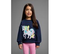 Sweatshirt KIDSWORLD "Einhorn-Applikation für kleine Mädchen", Mädchen, Gr. 104/110, blau (marine), angeraute Sweatware, Obermaterial: 100% Baumwolle, bedruckt, bestickt, Basic hüftlang, Rundhals, Rip