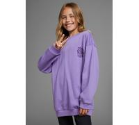 Sweatshirt KIDSWORLD "Rückenprint Sweatshirt in lockerer Form", Mädchen, Gr. 140/146, lila, angeraute Sweatware, Obermaterial: 100% Baumwolle, bedruckt, lässig geschnitten Po-bedeckend, Rundhals, ange