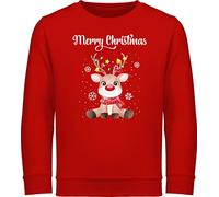 Sweatshirt Kinder Pullover für Jungen Mädchen - Weihnachten Geschenke - Merry Christmas süßes Rentier | Rudolph Elch Rudolf - 128 (7/8 Jahre) - Rot - rentierpullover weihnachtssweatshirt