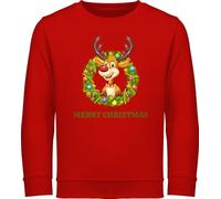 Sweatshirt Kinder Pullover für Jungen Mädchen - Weihnachten Geschenke - Rentier im Weihnachtskranz Merry Christmas - 140 (9/11 Jahre) - Rot - weihnachtssweatshirt weihnachtsmotiv Baby reitpullover