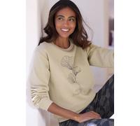 Sweatshirt LASCANA, Damen, Gr. 36/38, khaki, Sweatware, Obermaterial: 60% Baumwolle, 40% Polyester, bedruckt, unifarben, hüftlang, Rundhals, Rippbündchen, Sweatshirts Sweatshirt, mit glänzenden Druckd