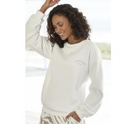 Sweatshirt LASCANA "-Pullover" Gr. 40/42, beige (creme) Damen Sweatshirts mit seitlichem Rippeinsatz und Logo-Print (31360205-40)