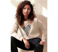 Sweatshirt LASCANA, Damen, Gr. 40/42, beige (sand), Obermaterial: 60% Baumwolle, 40% Polyester, bedruckt, unifarben, klassisch hüftlang, Rundhals, Rippbündchen, Sweatshirts Sweatshirt, mit Herz-Leo-Dr