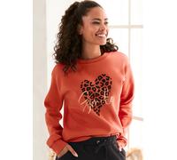 Sweatshirt LASCANA, Damen, Gr. 40/42, rot (rotbraun), Obermaterial: 60% Baumwolle, 40% Polyester, unifarben, bedruckt, casual, loose fit hüftlang, Rundhals, Sweatshirts, Loungehirt mit Herz-Leo-Druck,