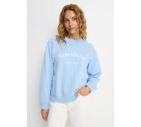 Sweatshirt LASCANA, Damen, Gr. 44/46, blau (himmelblau), Sweatware, Obermaterial: 67% Baumwolle, 33% Polyester, unifarben, figurumspielend hüftlang, Rundhals, Rippbündchen, Sweatshirts Sweatshirt (169