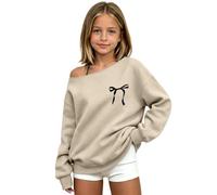 Sweatshirt Mädchen Pullover Teenager Off Shoulder Oberteil Strickpullover Mit Schleife Herbst Outfit Cutecore Langarmshirt,Bedrucktes, schulterfreies Sweatshirt für Mädchen, Größe 5-14 Jahre
