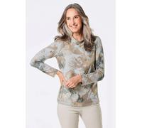 Kurzarmshirt GOLDNER "Elegantes Langarmshirt mit Foliendruck", Damen, Gr. 52, grau (grau, melange), Obermaterial: 60% Polyester PES. 35% Baumwolle CO. 5% Elasthan EL., Gerade, Shirts, Stehkragen (7277