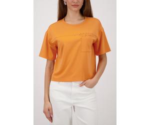 Sweatshirt MONARI "Basic Tasche+Schmuck", Damen, Gr. 44, orange (aperitif), Web, Obermaterial: 55% Polyester, 38% Viskose, 7% Elasthan, unifarben, regular fit taillenbedeckt, Rundhals, eingesetzt abge