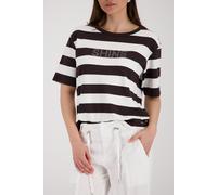 Sweatshirt MONARI "Sweatshirt Basic Ringel+Schmuck", Damen, Gr. 42, schwarz-weiß (braun ger), Web, Obermaterial: 80% Viskose, 15% Polyester, 5% Elasthan, geringelt, regular fit taillenbedeckt, Rundhal