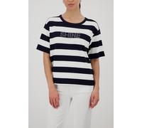 Sweatshirt MONARI "Sweatshirt Basic Ringel+Schmuck", Damen, Gr. 46, marine ger, Web, Obermaterial: 80% Viskose, 15% Polyester, 5% Elasthan, gestreift, regular fit taillenbedeckt, Rundhals, eingesetzt