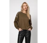 Sweatshirt MONARI "Sweatshirt Schmuck", Damen, Gr. 42, olive, Sweatware, Obermaterial: 55% Polyester, 38% Viskose, 7% Elasthan, unifarben, regular fit taillenbedeckt, Rundhals, eingesetzt Rippbündchen