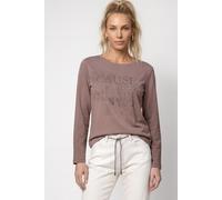 Sweatshirt MONARI "Sweatshirt Schmuck Schrift", Damen, Gr. 36, braun (taupe), Web, Obermaterial: 55% Polyester, 38% Viskose, 7% Elasthan, unifarben, regular fit taillenbedeckt, Rundhals, eingesetzt ab