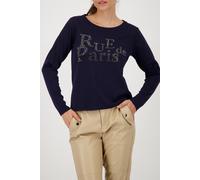 Sweatshirt MONARI "Sweatshirt Schmuckschrift", Damen, Gr. 34, night sky, Web, Obermaterial: 55% Polyester, 38% Viskose, 7% Elasthan, unifarben, regular fit taillenbedeckt, Rundhals, eingesetzt abgeste