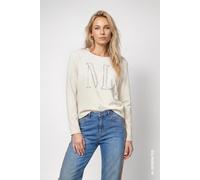 Sweatshirt MONARI "Sweatshirt Schmuckschrift", Damen, Gr. 44, beige (weiß), Sweatware, Obermaterial: 55% Polyester, 38% Viskose, 7% Elasthan, unifarben, regular fit taillenbedeckt, Rundhals, eingesetz