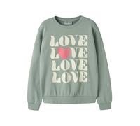 Sweatshirt NAME IT "NKFVASACHA LS NREG SWEAT UNB", Mädchen, Gr. 134/140, grün (grün milieu print:love), Sweatware, Obermaterial: 100% Baumwolle, bedruckt, regular fit normal, Rundhals, Rippbündchen, S