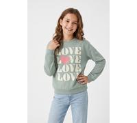 Sweatshirt NAME IT "NKFVASACHA LS NREG SWEAT UNB", Mädchen, Gr. 158/164, grün (grün milieu print:love), Sweatware, Obermaterial: 100% Baumwolle, bedruckt, regular fit normal, Rundhals, Rippbündchen, S
