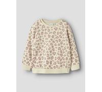 Sweatshirt NAME IT "NMFDAVINA LS SWEAT FLEECE BRU NOOS", Mädchen, Gr. 110, beige (summer sand aop:leo), Sweatware, Obermaterial: 66% Polyester, 30% Baumwolle, 4% Elasthan, bedruckt, normal normal, Run