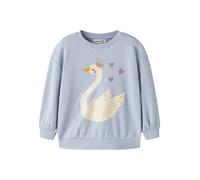 Sweatshirt NAME IT "NMFVALONA LS LONG RLX SWEAT UNB", Mädchen, Gr. 92, blau (subdued blau print:swan princess), Sweatware, Obermaterial: 100% Baumwolle, bedruckt, relaxed fit normal, Rundhals, Rippbün