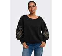Sweatshirt ONLY CARMAKOMA "CARDEBORAH L/S BOATNECK SWEAT JRS", Damen, Gr. M, schwarz (schwarz detail:with humus, taupe hrayemb, puff print), Sweatware, Obermaterial: 50% Baumwolle, 50% Polyester, bedr