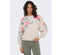 Sweatshirt ONLY "ONLBROOKE L/S O-NECK FLOWER SWT", Damen, Gr. S, pumice stone detail:frilly flowers, Sweatware, Obermaterial: 60% Baumwolle, 40% Polyester, regular fit normal, Rundhals, Rippbündchen,