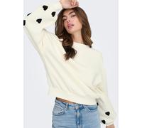 Sweatshirt ONLY "ONLMACY L/S O-NECK BOX CC SWT", Damen, Gr. L, cloud dancer detail:with schwarz hearts, Sweatware, Obermaterial: 60% Baumwolle, 40% Polyester, bedruckt, modisch, regular fit, Rundhals,
