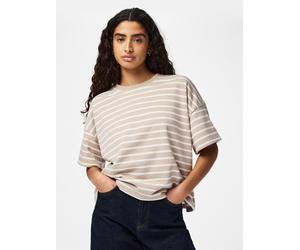 Sweatshirt PIECES "PCCHILLI SUMMER 2/4 SWEAT STRIPE NOOS BC", Damen, Gr. S (36), beige (crockery stripes:cloud dancer), Sweatware, Obermaterial: 50% Baumwolle, 50% Polyester, gestreift, loose fit norm