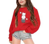 Sweatshirt Pullover Mädchen Loose Fit Langarmshirt Cartoon Katze Druck Rundhals Langarm Lässig Locker Top Mode Pullover Sweatshirt Thermoshirt Kinder Kleidung für 3-14 Jahre (Z2-Red, 7-8 Years)