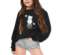 Sweatshirt Pullover Mädchen Loose Fit Langarmshirt Cartoon Katze Druck Rundhals Langarm Lässig Locker Top Mode Pullover Sweatshirt Thermoshirt Kinder Kleidung für 3-14 Jahre (Z2-Black, 9-10 Years)
