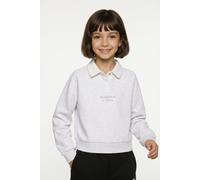 Sweatshirt PUMA "CLASS RELAXED SHORT LENGHT LONGSLEEVE POLO FL G", Mädchen, Gr. 140, weiß (weiß glow heather), Fleece, Obermaterial: 68% Baumwolle, 32% Polyester, bedruckt, relaxed fit kurz, Rundhals,