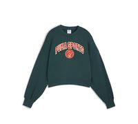 Sweatshirt PUMA "Wardrobe Essentials Sports Legacy Oversized Graphic Crew", Damen, Gr. XS, grün terrain, Obermaterial: 68% Baumwolle, 32% Polyester; Rippe: 4% Elasthan, 96% Baumwolle, oversize, Rundha