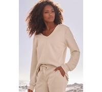 Sweatshirt S.OLIVER, Damen, Gr. 36/38, beige (creme), Rippware, Obermaterial: 100% Baumwolle, unifarben, Basic, bequem hüftbedeckend, V-Ausschnitt, Sweatshirts Sweatshirt, Langarmshirt mit V-Ausschnit