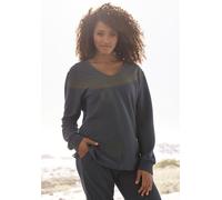 Sweatshirt S.OLIVER, Damen, Gr. 48/50, blau (petrol), Rippware, Obermaterial: 100% Baumwolle, unifarben, Basic, bequem hüftbedeckend, V-Ausschnitt, Sweatshirts Sweatshirt, Langarmshirt mit V-Ausschnit